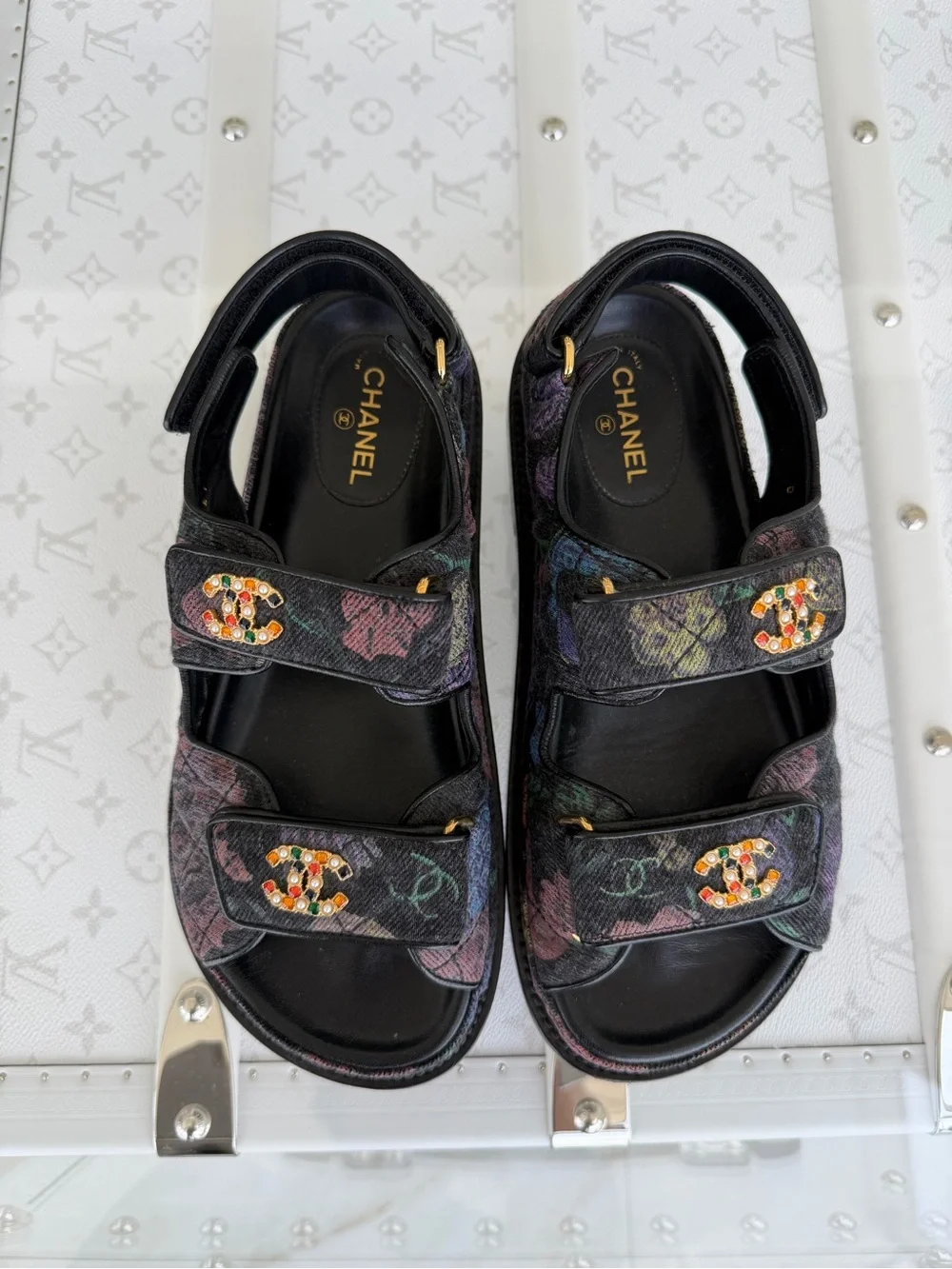 CHANEL 🖤 Interlocking CC Multicolor Denim Dad Sandals Sz 36